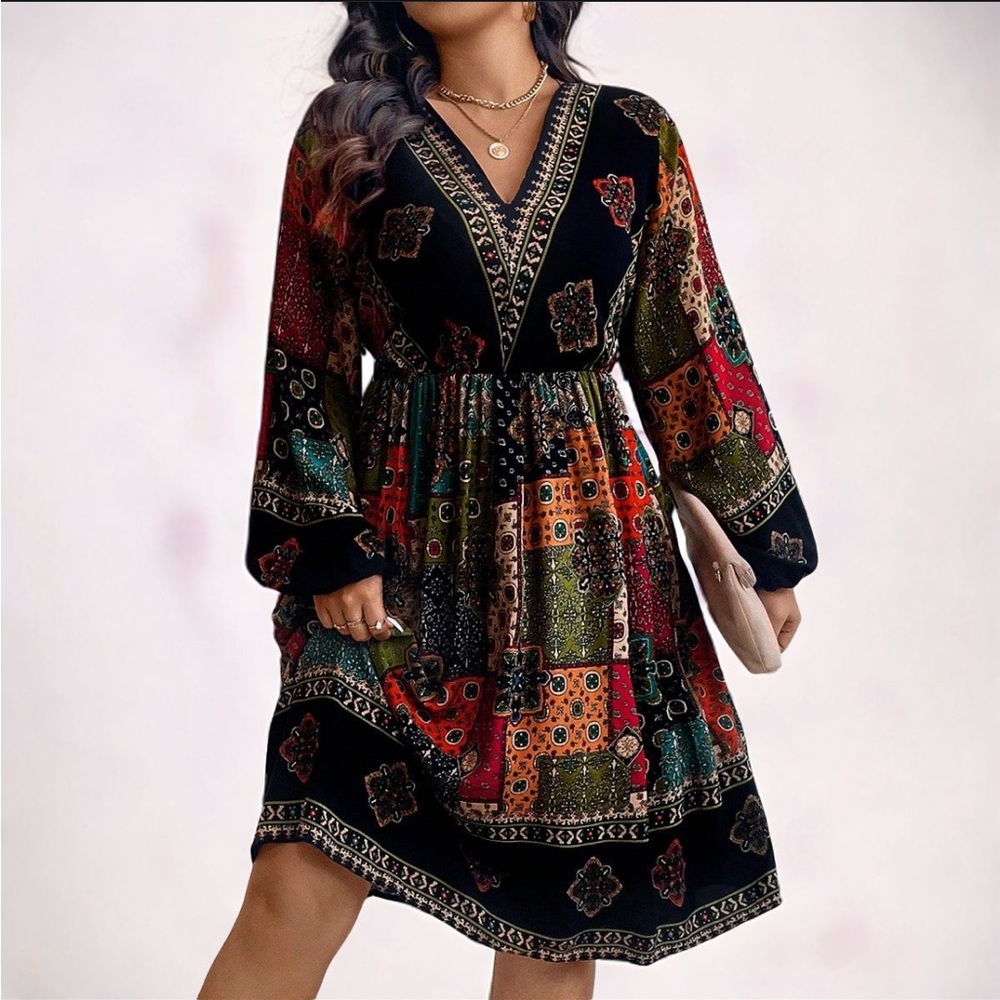 Boho Plus Size Patchwork Pattern Bohemian V-Neck Lantern Sleeve Dress Black - Picture 2 of 3